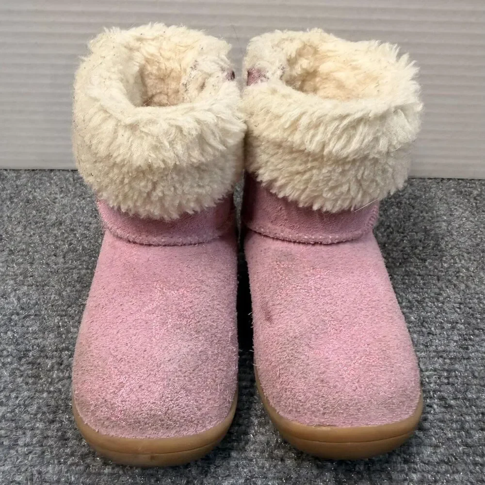 UGG Boots Girls Size 7 Pink Suede Shearling Lined Winter Fur Trim 1157633T